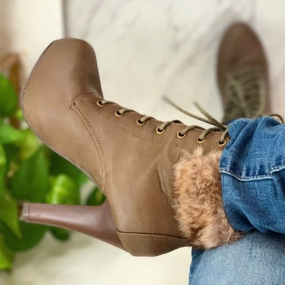 Taupe Round Toe Faux Fur Booties - Picture 4 of 4